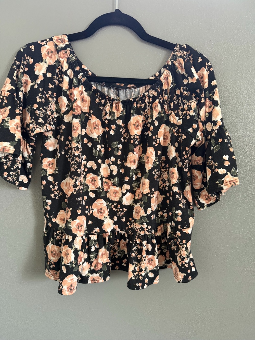 Black Floral Peplum Blouse with Peach Rose Print